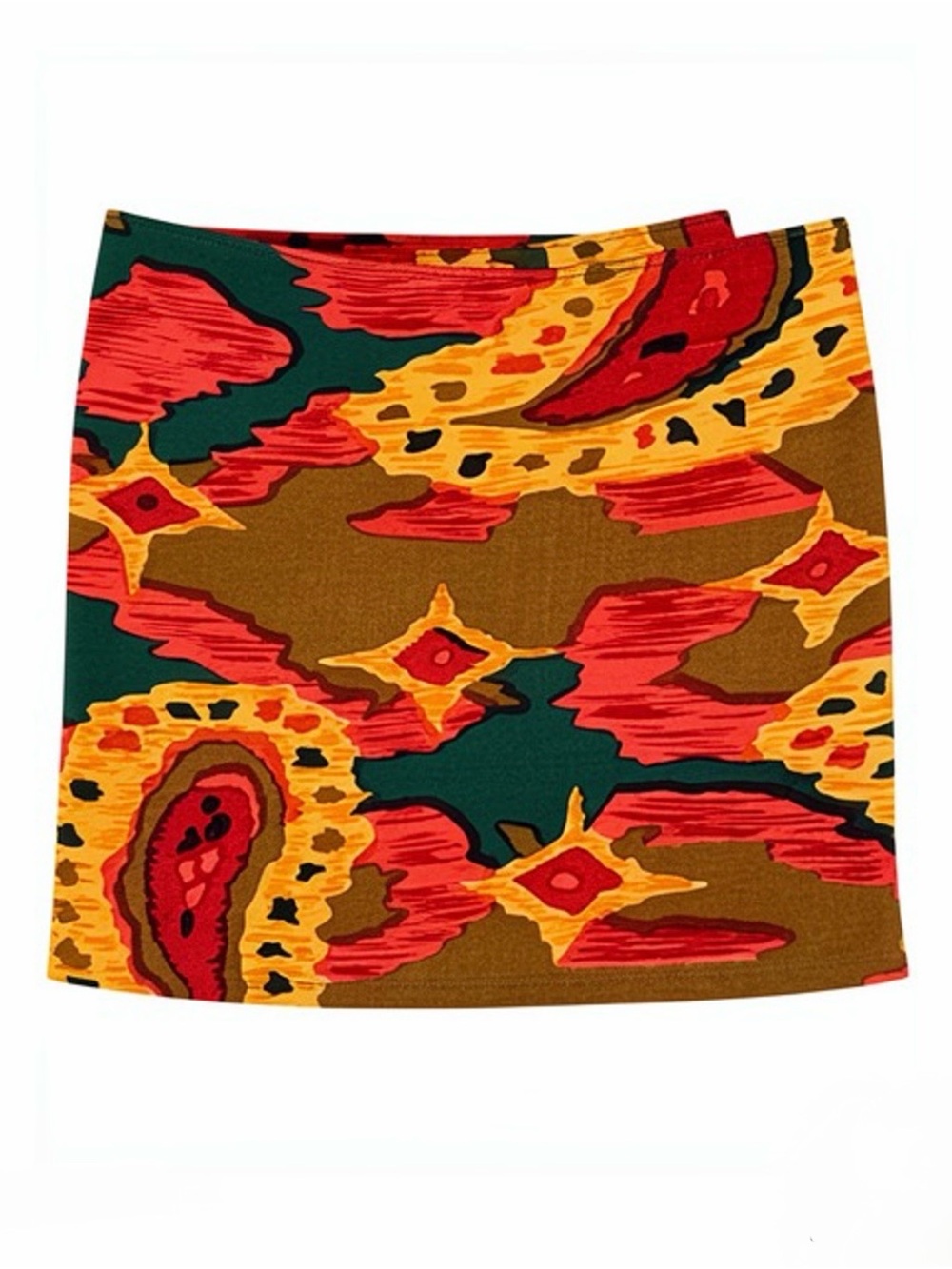 Vintage Multicolor Paisley Print Mini Skirt — Red, Gold & Green